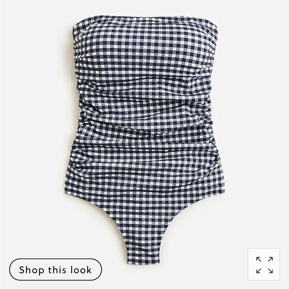 J Crew Ruched bandeau one-piece in gingham navy 8 Tall
